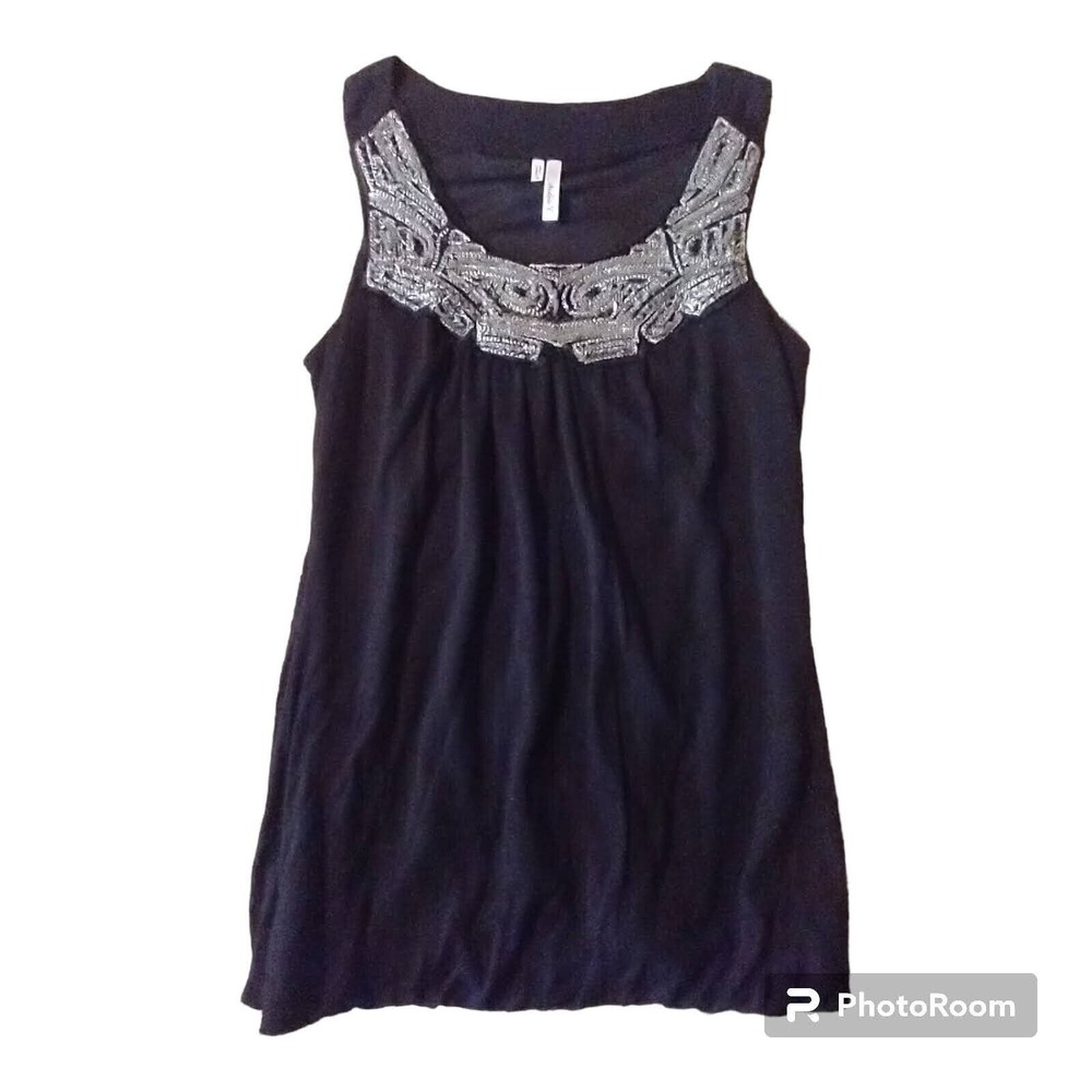 Studio Y Beaded Clear W/ Silver Black Rayon Sleeveless Top "S" Gathers At Bottom